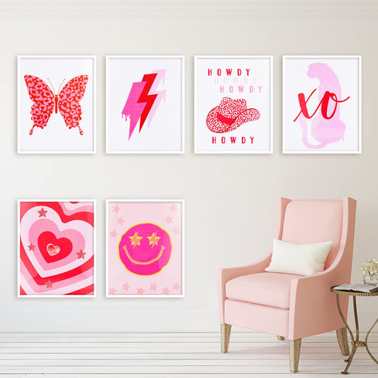 6 PCS Pink Preppy Room Decor Aesthetic Unframed Wall Art Trendy Small Wall Prints Cheetah Butterfly Preppy Posters Cute Preppy Wall Collage Preppy Pictures for Teen Girl Bedroom Room (8 x 10 Inch)