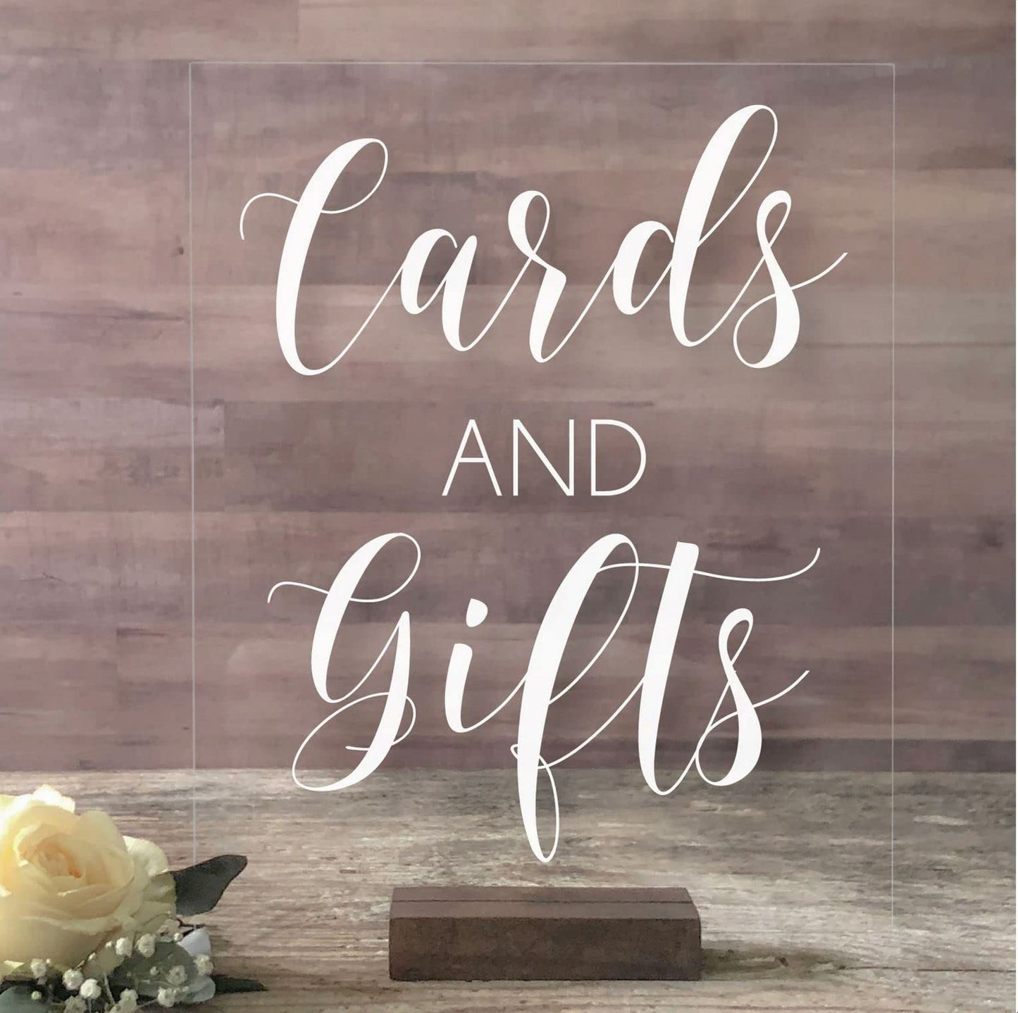 Cards and Gifts Acrylic Sign With Acrylic Base | 8x10 Lucite Wedding Decor | Acrylic Wedding Cards Table Sign (8X10, Dark Walnut Stand)