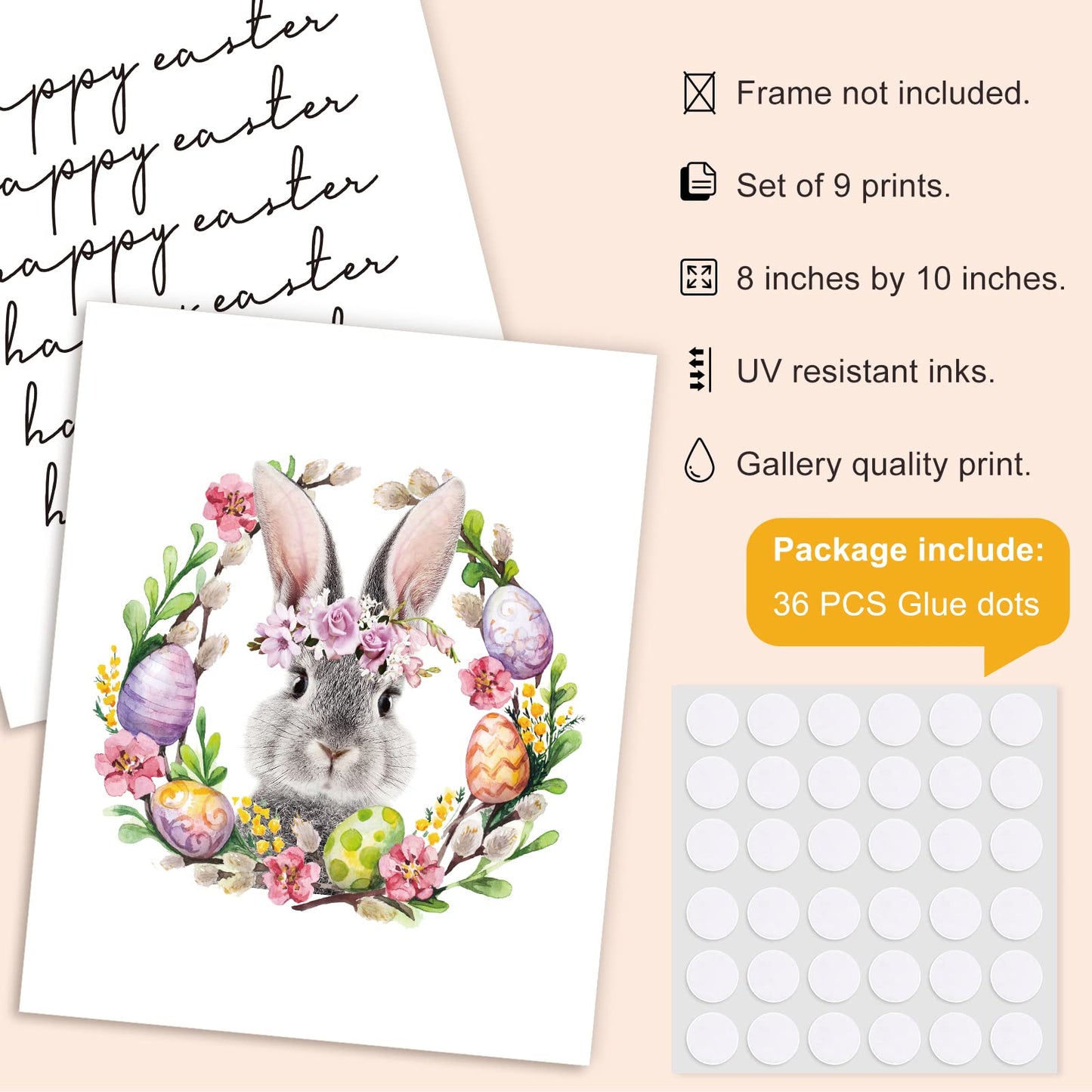 Whaline 9Pcs Happy Easter Wall Art Prints Bunny Egg Carrot Rabbit Floral Printed Paper Art Posters Minimalism Decorative Wall Decor for Home Gallery Living Room Bedroom Decor, 8 x 10 Inch, Unframed