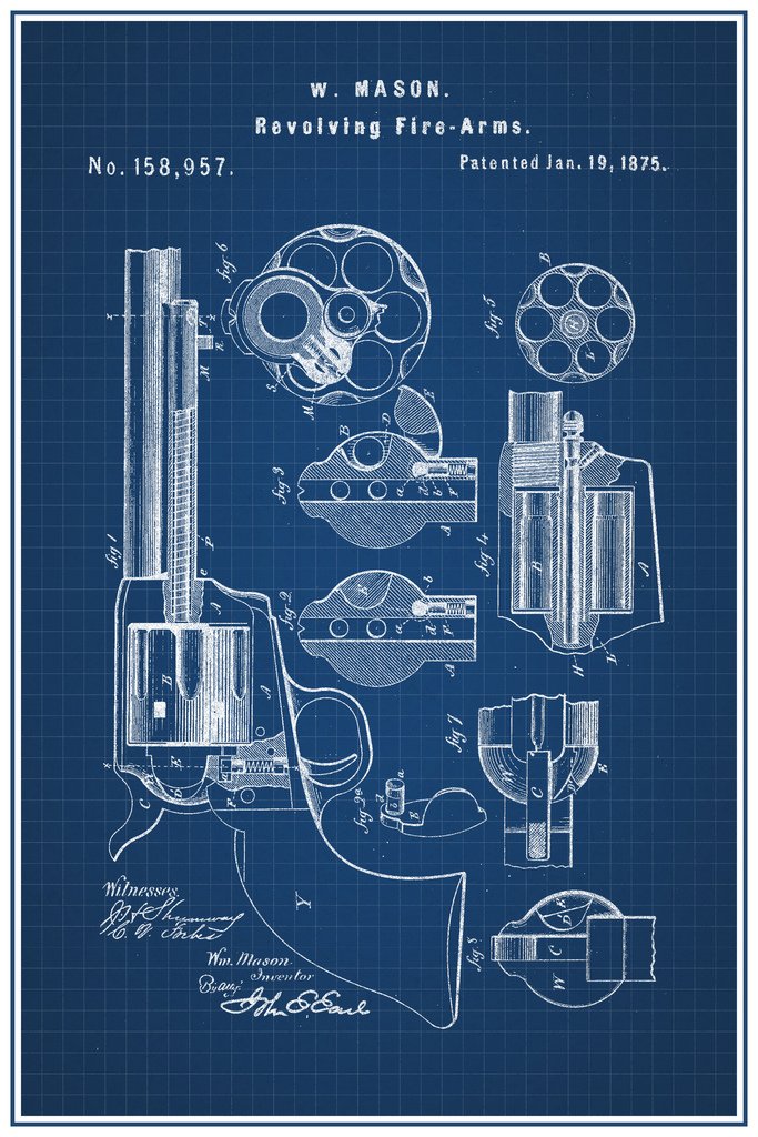 Revolving Fire Arms Revolver 1875 Official Patent Blueprint Diagram Military Firearm Gun Munitions Educational Sign Decoration Cool Wall Decor Art Print Poster 12x18