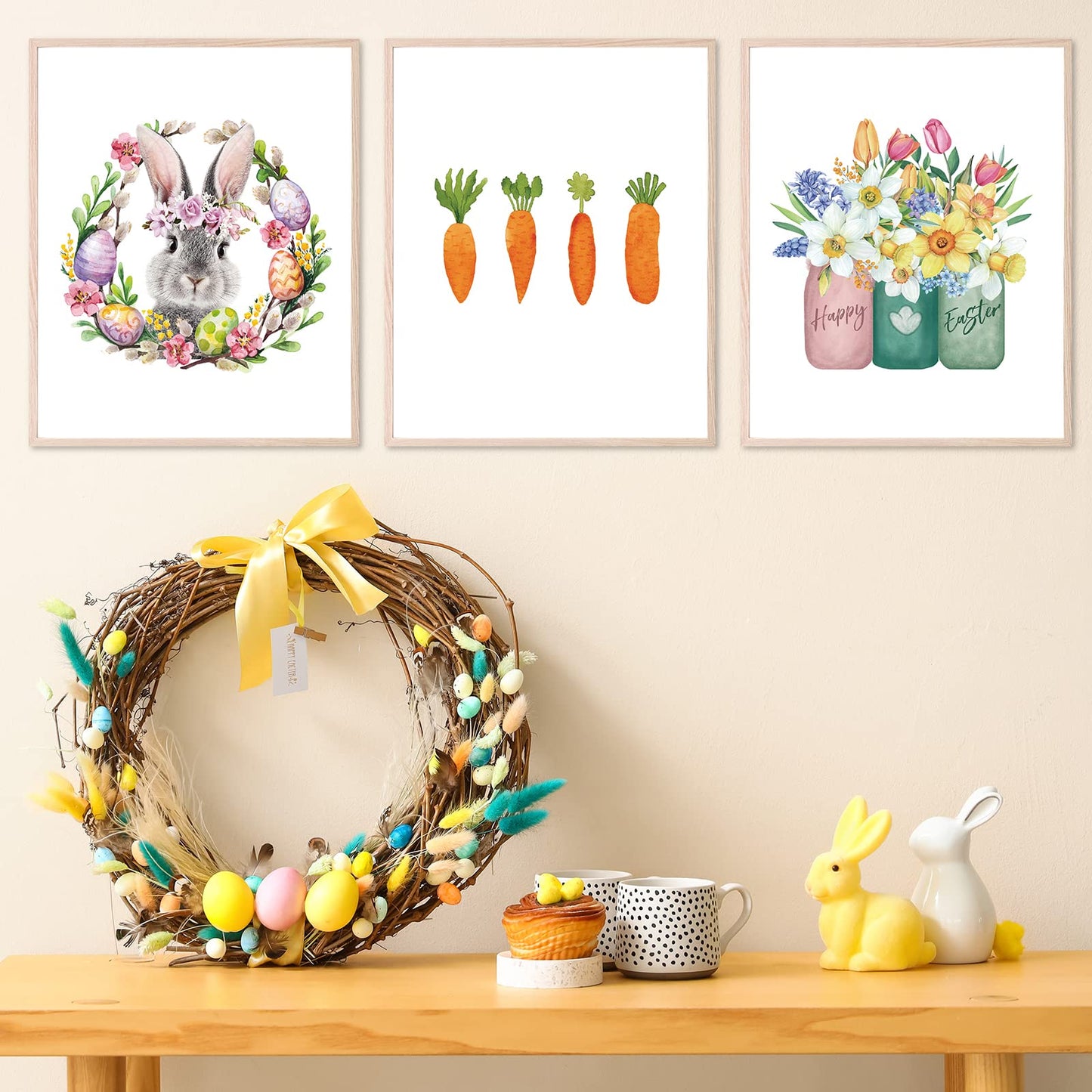 Whaline 9Pcs Happy Easter Wall Art Prints Bunny Egg Carrot Rabbit Floral Printed Paper Art Posters Minimalism Decorative Wall Decor for Home Gallery Living Room Bedroom Decor, 8 x 10 Inch, Unframed