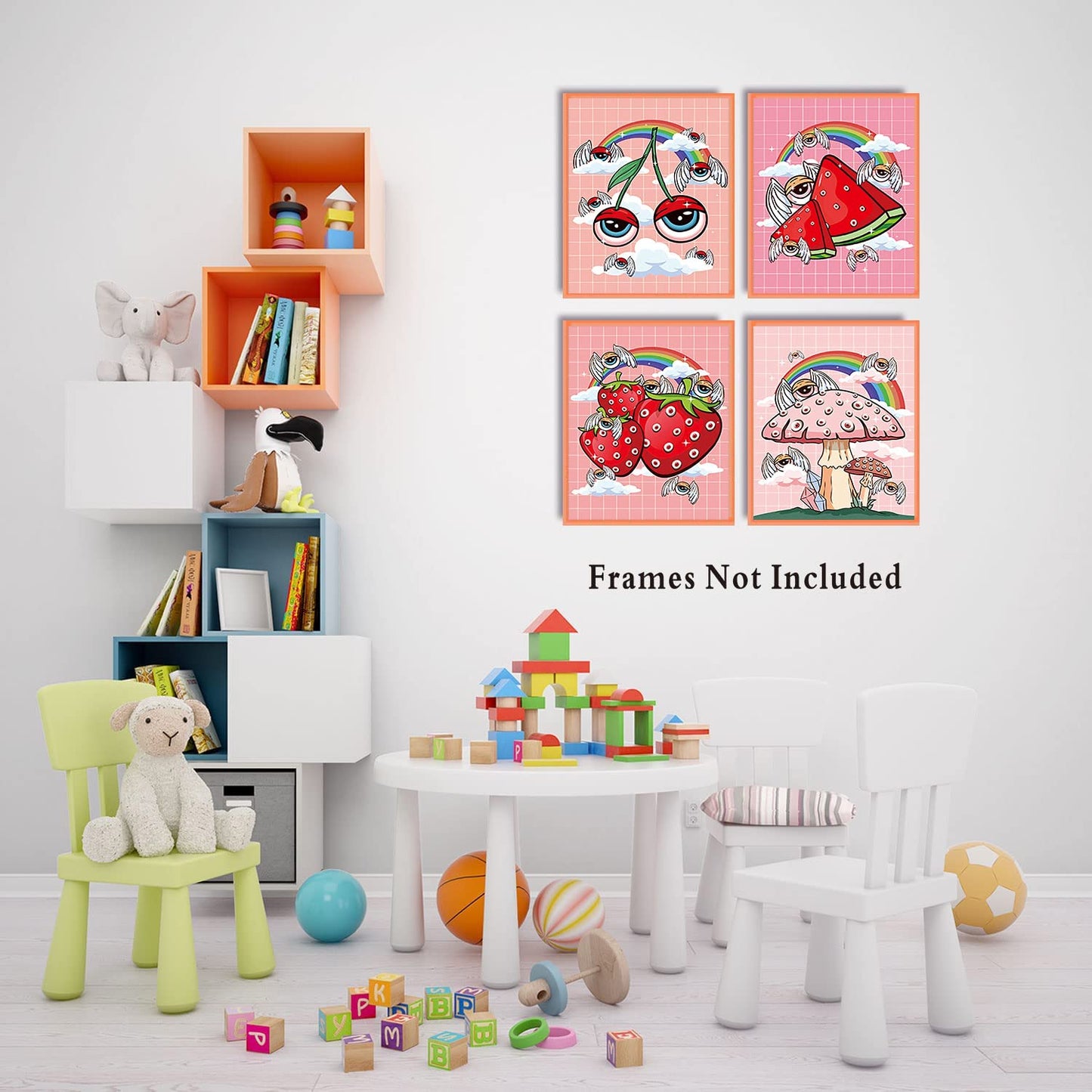 Retro Poster,Cute Watermelon Cherry Strawberry Mushroom Wall Art Canvas Painting Home Decor,Funny Kitchen Fruit Wall Art Prints,Set of 4 Retro Rainbow Wall Art Print Poster,8"x10",Unframed