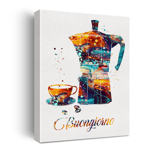 Buongiorno Moka Pot Coffee Watercolor Poster Canvas Wall Art for Home/Office/Kitchen Decor - Coffee Canvas Print Wall Art Painting Ready to Hang Gifts - Easel & Hanging Hook 12x15 Inch