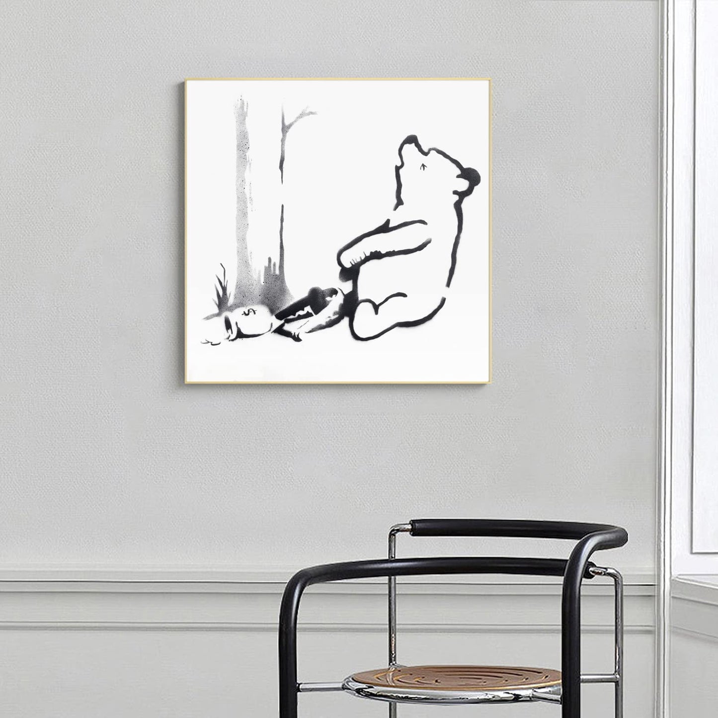 ZZPT Banksy Canvas Wall Art - Bear's Foot Caught In a Clip Print - Cute Bear Poster - Black and White Animal Pictures for Wall Decor Unframed (12x12in/30x30cm)
