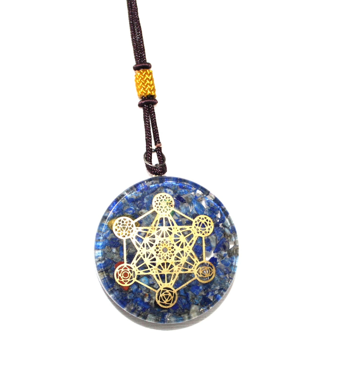 Jet Energized Handmade Lapis Orgone Chakra Pendant Metatron's Cube Merkaba Round 2 inch approx. Prosperity Mental Peace EMF Protection Crystal Therapy Booklet IMAGE IS JUST A REFERENCE