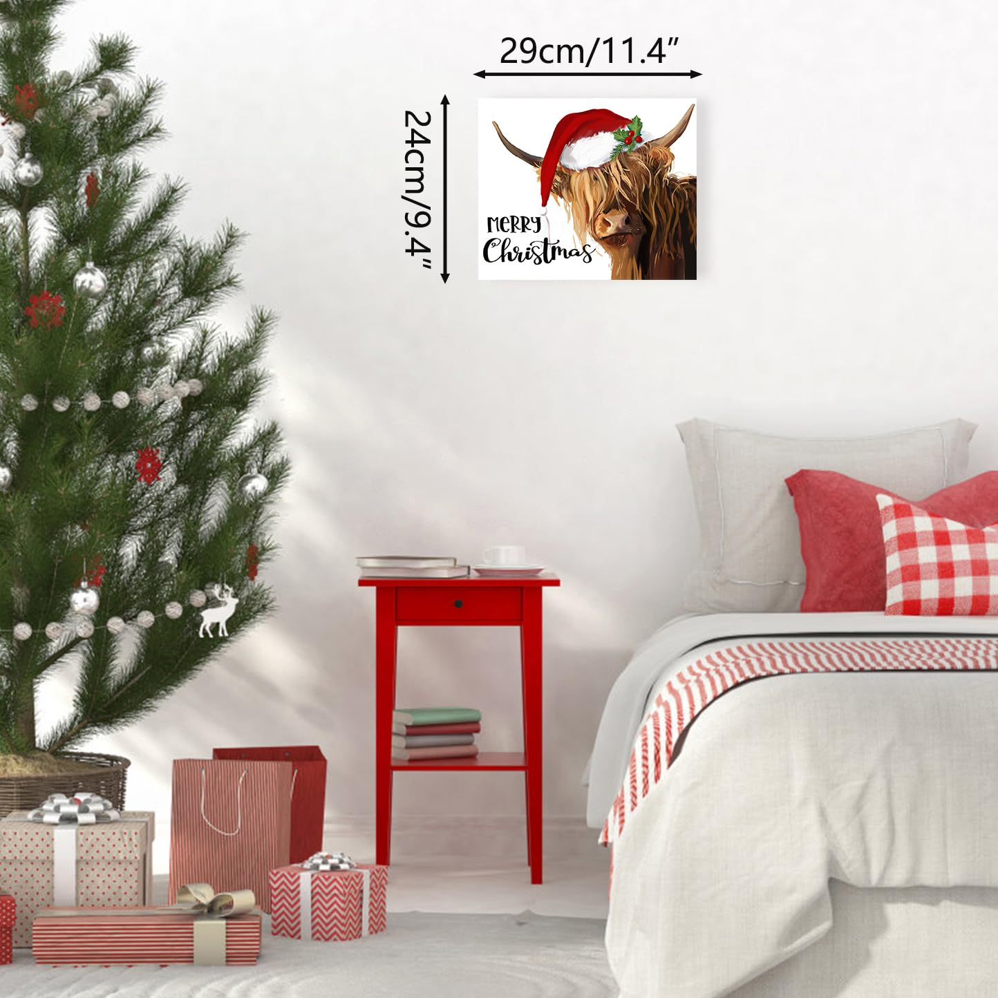 YPY Highland Cow Canvas Wall Art: Merry Christmas Cow Decorations for Home - Red Hat Cow Picture Farmhouse Decor Cute Farm Animal Print Framed Poster for Bedroom Living Room 10" x 12"