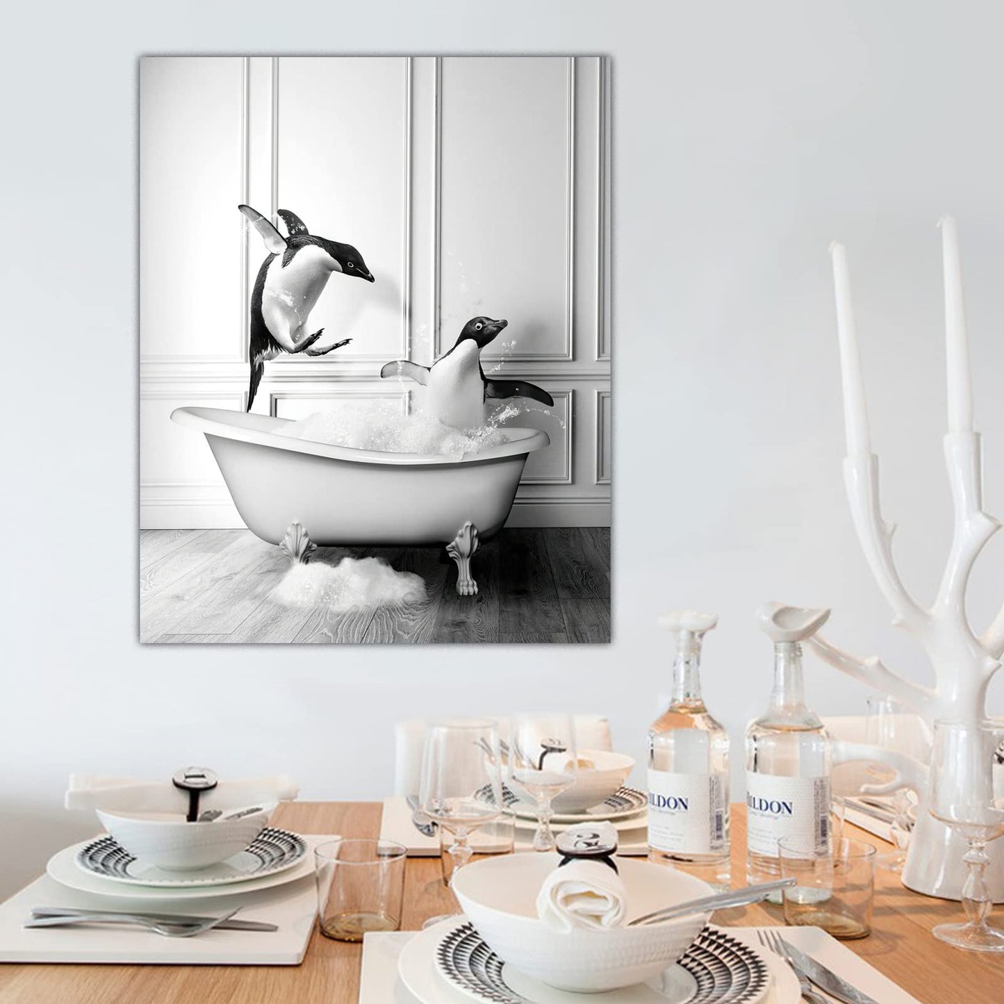Penguin In Bathtub Canvas Wall Art - Bathroom Art Wall Decor - Animal Print Painting Picture - Black and White Artwork Poster No Frame (9x12in/23x30cm)