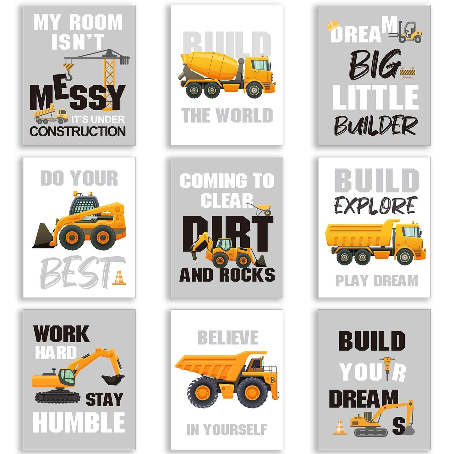 Outus Set of 9 Construction Trucks Inspirational Quote Art Print Transport Vehicle Motivational Phrases Wall Art Poster Nursery or Kids Room Decoration Unframed, 8 x 10 Inch