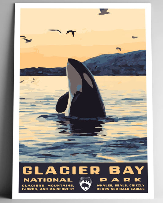 Glacier Bay National Park Vintage-Style Travel Poster - 8x10-12x18-18x24-24x36 / 4x6 Postcard WPA Style Art Print Alaska USA Orca Killer Whale (8x10 Inch Poster)