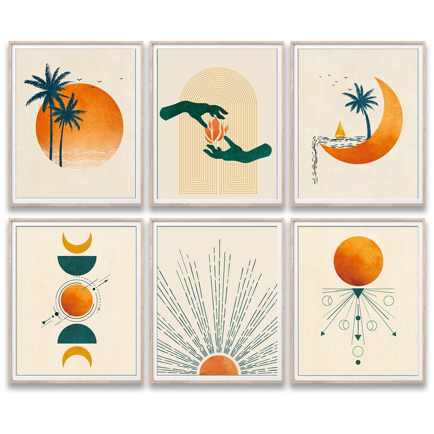 Abstract SunsetSunrise Landscape Art Prints, Modern Mid Century Geometric Decor, Boho Sun Moon Wall Art Posters Set of 6 (8x10 in Unframed) Palm Leaf Rainbow Boho Room Bedroom Bathroom Wall Decor