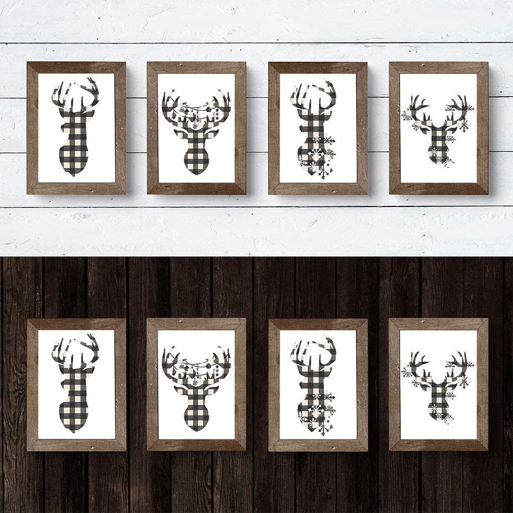 Miss Kate Cuttables 8x10 Prints - Cream & Black Buffalo Check Reindeer Head Silhouettes - Christmas Decoration Art for Frames | Set of 4 Wall Prints Posters (Unframed)