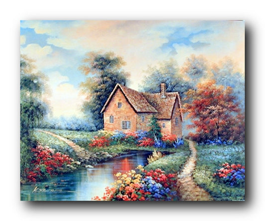 Nature Scenery Country Cottage Garden Flowers River Landscape Wall Decor Art Print Poster (16x20)