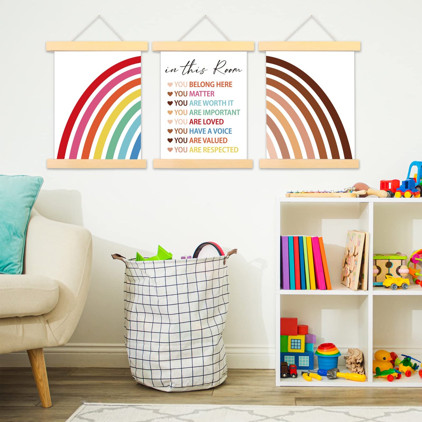 Whaline In this Room Sign Rainbow Poster Set Diversity Wall Art Boho Watercolor Canvas Painting Prints Inspirational Scroll Painting for Classroom Office Wall Decor, 3Pcs, 8 x 10