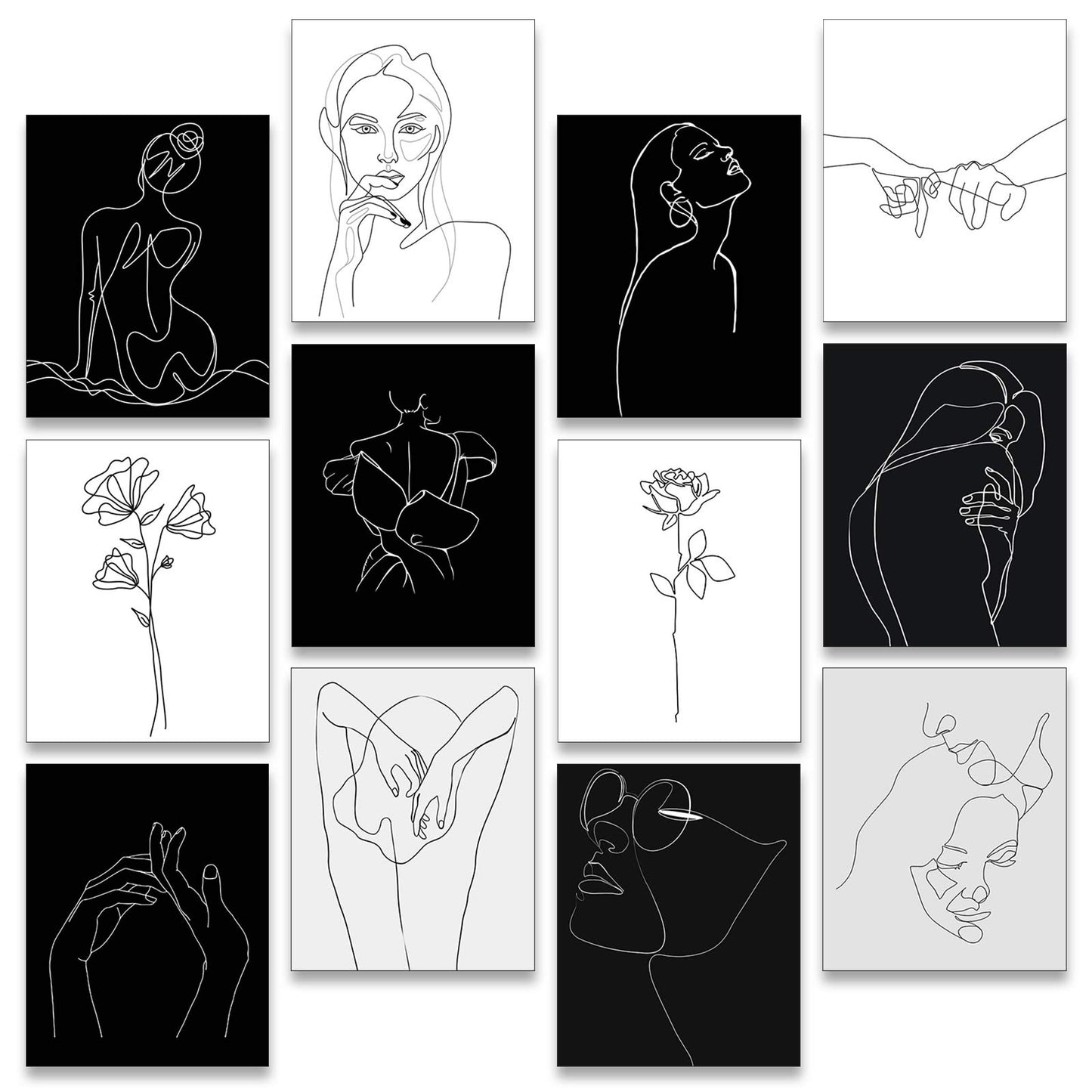 Zonon 12 Pieces Minimalist Line Art Prints Abstract Aesthetic Poster Unframed Woman Minimal Wall Decor 8 x 10 Inch Women and Flower Canvas Line Art Prints Black and White Art Drawing for Home