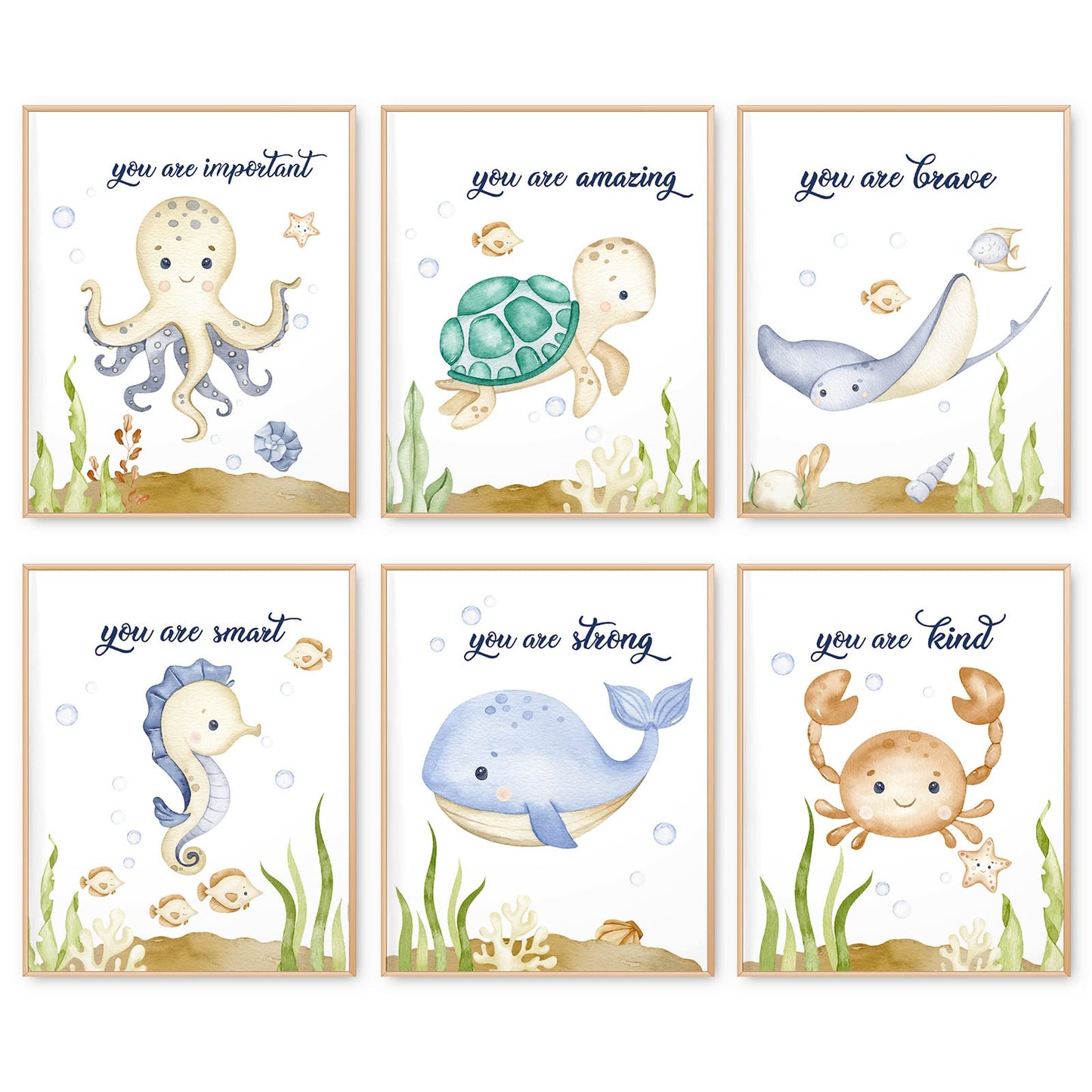 AnyDesign Texture of Dreams Watercolor Sea marine life Art Print Set of 6 (8" x 10") Sea Turtle Seahorse fish whale Jellyfish Watercolor Poster Blue Theme School Kids Room Wall Decor, Unframed