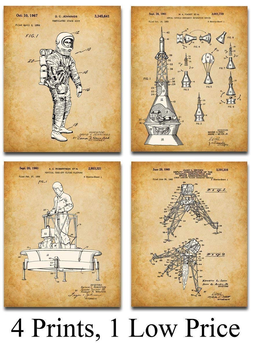 NASA Space Patent Prints - Vintage Space Art Posters, Astronomy Science Room Decoration, Outer Space Accessories and Great Aerospace Engineer Gifts, Set of 4 Photos (8x10) Unframed Posters