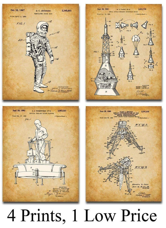 NASA Space Patent Prints - Vintage Space Art Posters, Astronomy Science Room Decoration, Outer Space Accessories and Great Aerospace Engineer Gifts, Set of 4 Photos (8x10) Unframed Posters