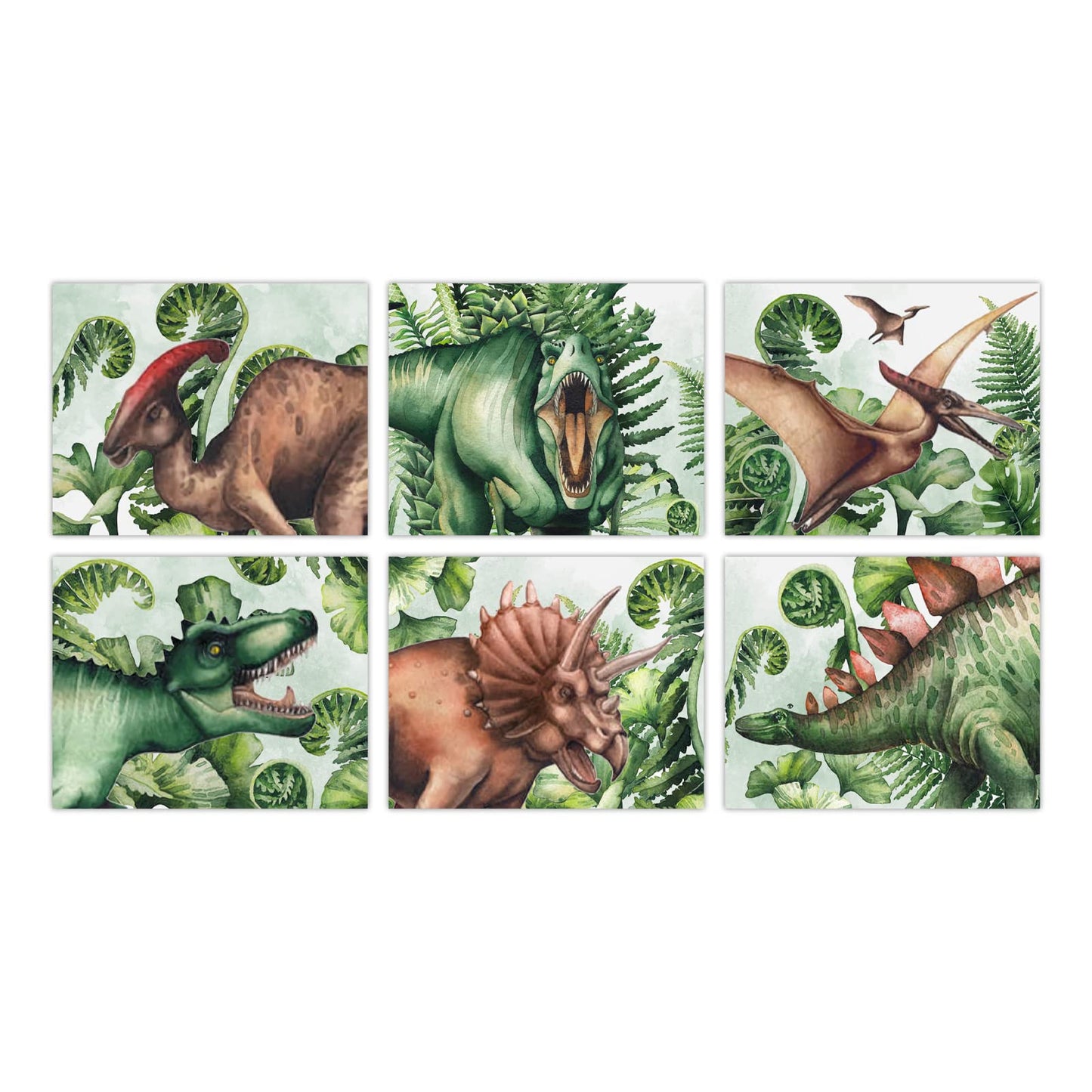 ORIGACH Watercolor Dinosaur Wall Art Poster, Set of 6 Dinosaur Prints for Boys Room, T-rex Pterosaur Triceratops Dinosaur Canvas Painting with Tropical Botanical Painting, Unframed 8x10in