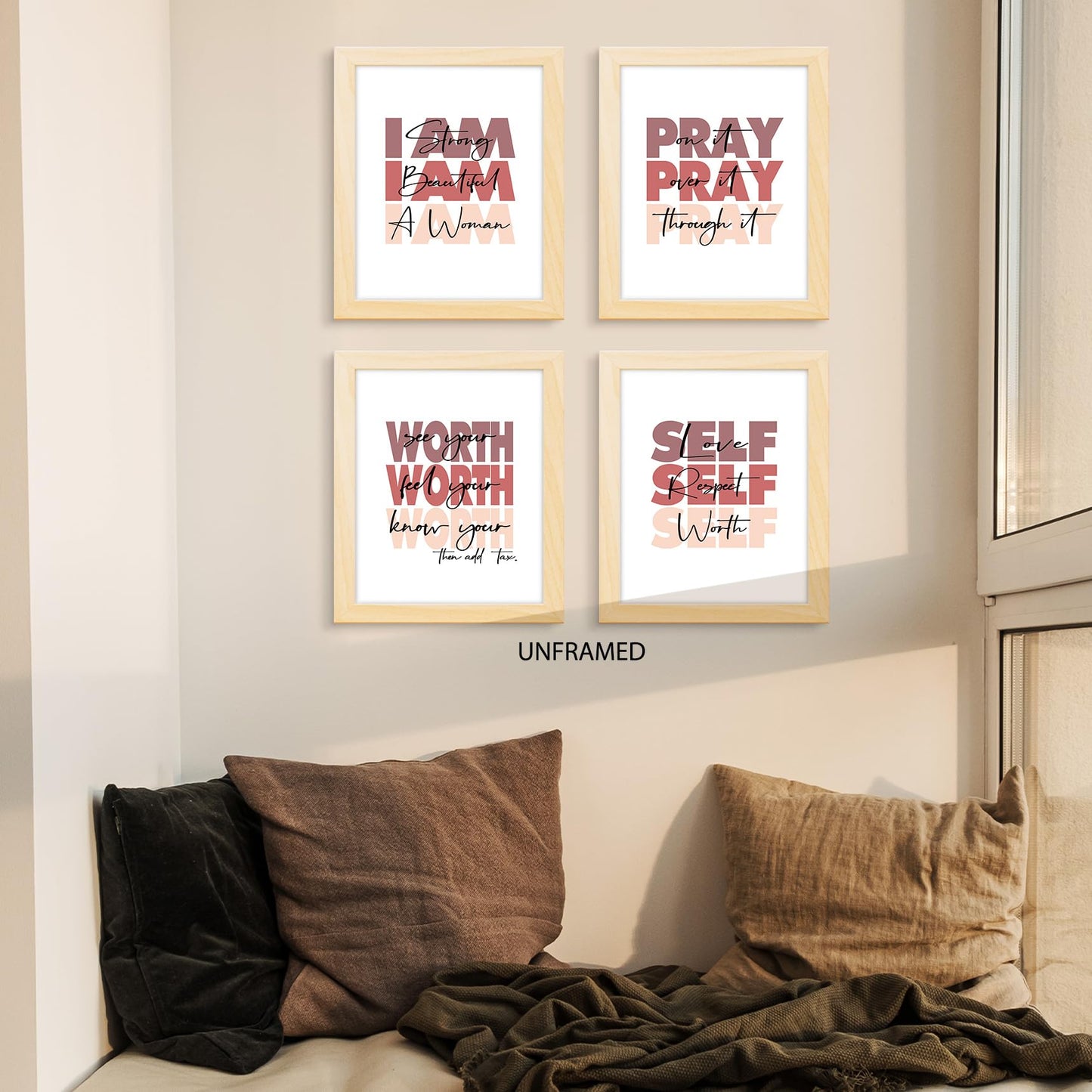 HUYAW PUHEI Woman Girl Inspirational Quotes Pray Worth Wall Art Prints Set of 4, Motivational Posters Gifts for Women Teen Girls Room Home Bedroom Office College Dorm Wall Art Decor (8 x 10 Unframed)