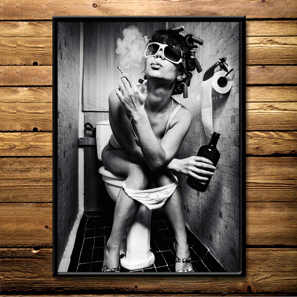 Woman Rest and Relax on Toilet Print Wall Art Décor for Bathroom Toilet Cloakroom, Black and White Women in Bathroom Art Canvas Print Poster Pictures Paintings MuralsPortrait Photography,No Frame