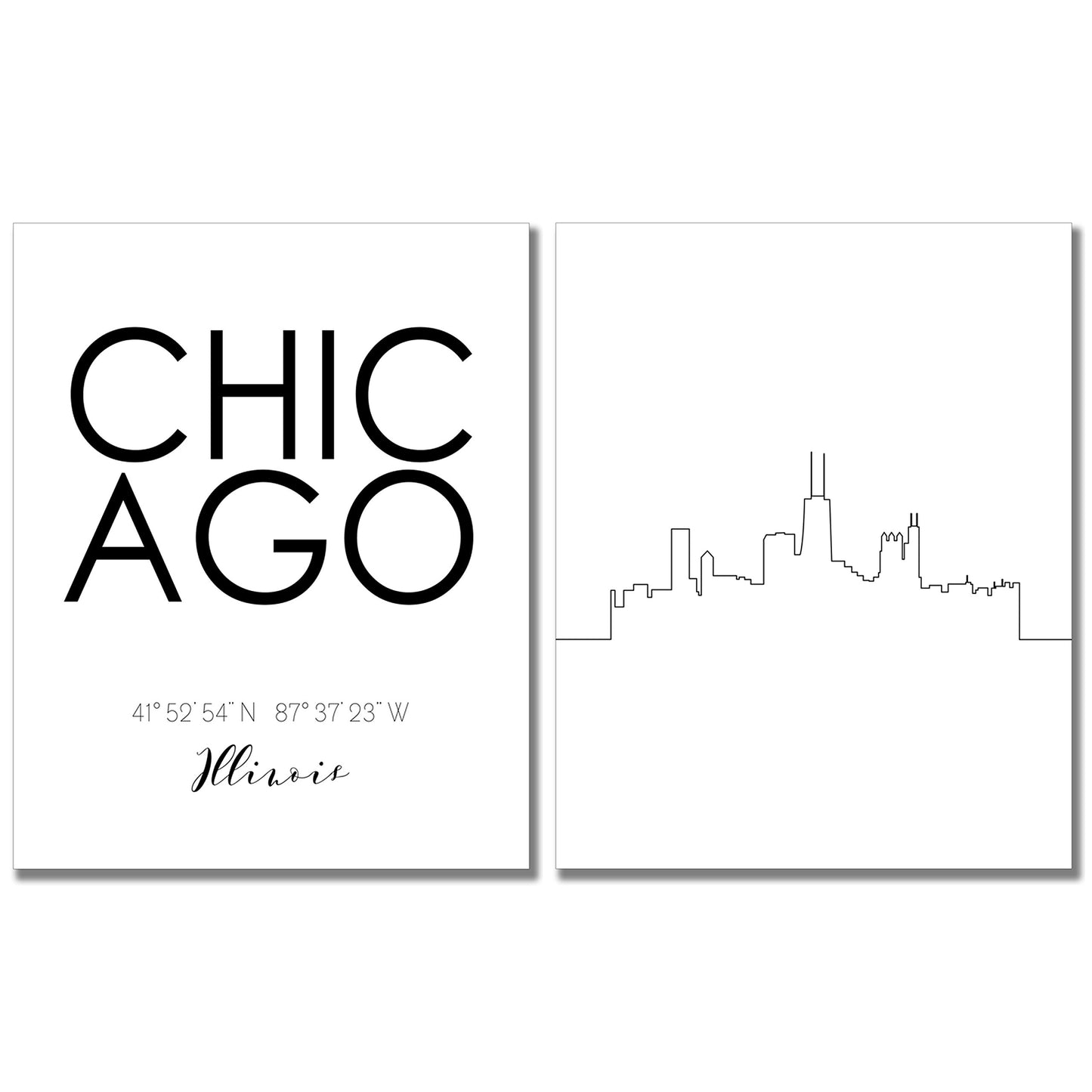 Chicago City Skyline Wall Décor Prints - Set of 2 (8x10) Art Photos - Typography Minimalist Poster