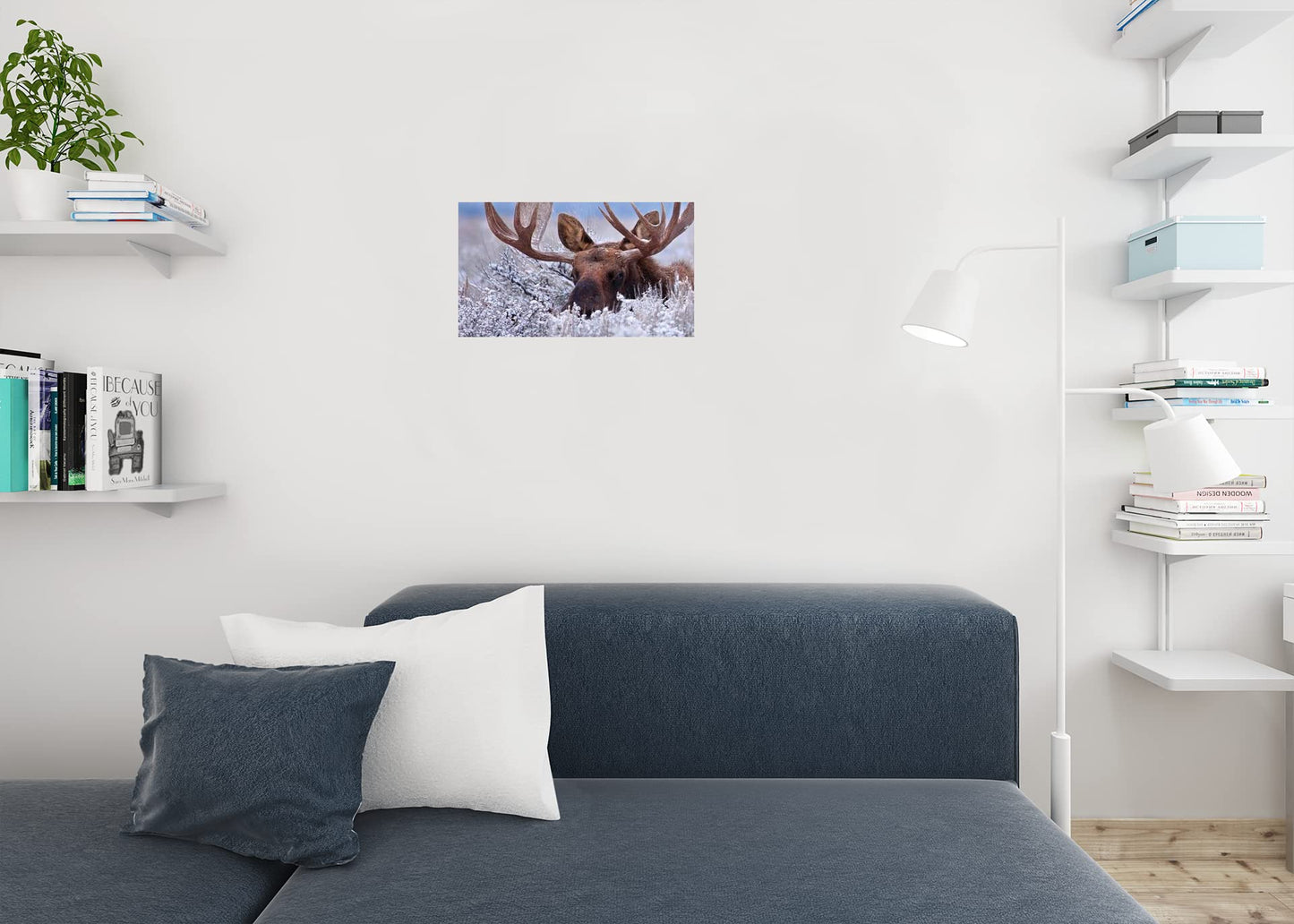 Hidden Moose Large Antlers Rack Bull Moose Hiding in Snow Dusted Sagebrush Wild Animal Nature Photo Photograph Cool Wall Decor Art Print Poster 18x12