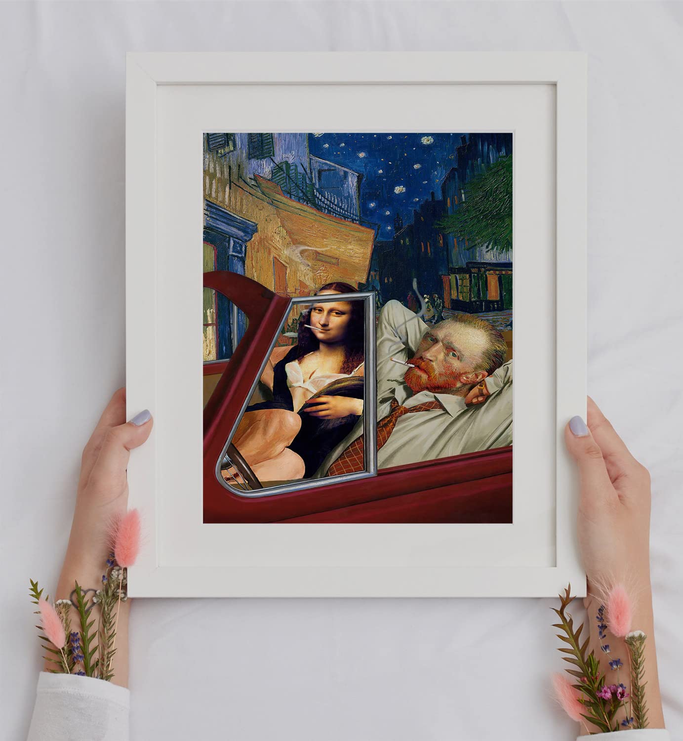 Van Gogh Starry Night Wall Decor - Mona Lisa Posters Wall Art - Funny Posters - Gag Gifts - Cool Edgy Poster - Van Gogh & Mona Lisa Driving Red Sports Car - Vintage Landscape Wall Art, 8x10" Unframed