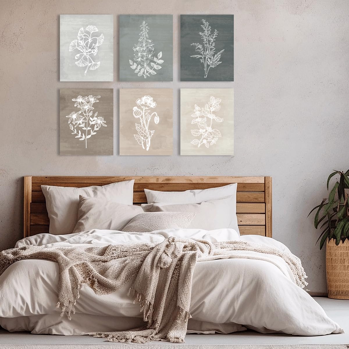 BINCUE Neutral Botanical Canvas Wall Art Boho Flower Plant Framed Wall Decor for Living Room Bedroom Dining Room 6 Panel 8x10 Inches