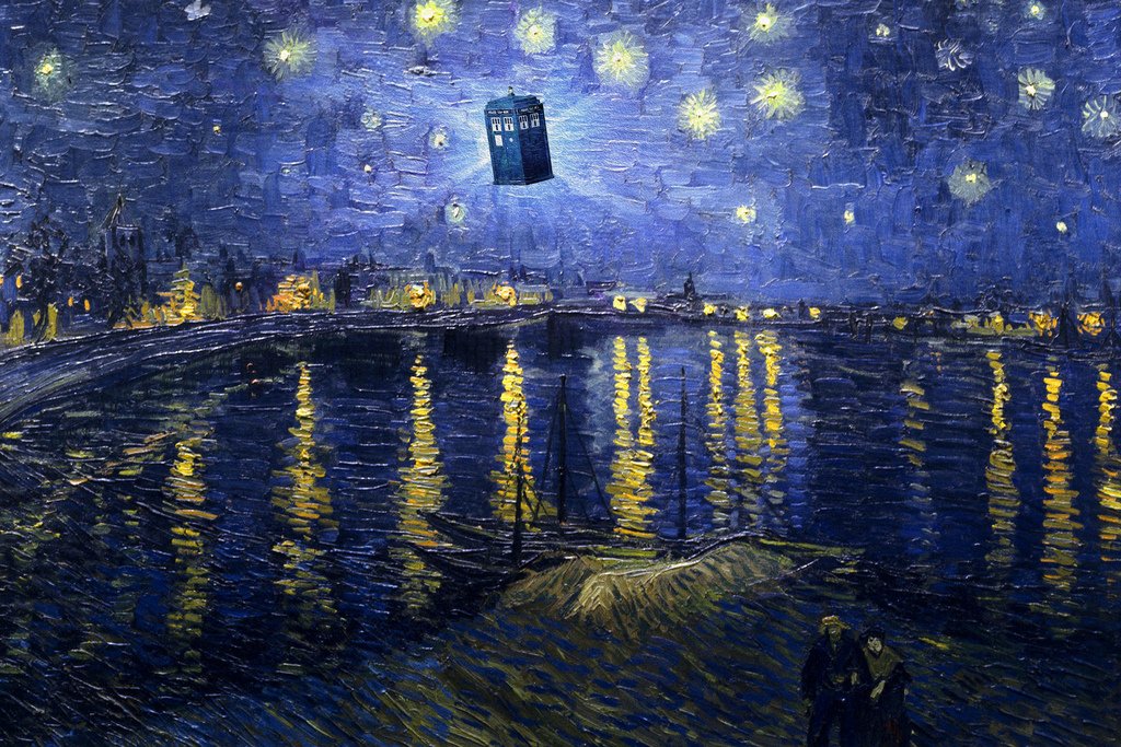 Funny Starry Night Van Gogh Flying Police Box Poster Starry Night Over Rhone Parody Humor Cool Wall Decor Art Print Poster 12x18