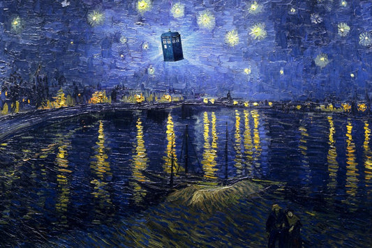 Funny Starry Night Van Gogh Flying Police Box Poster Starry Night Over Rhone Parody Humor Cool Wall Decor Art Print Poster 12x18