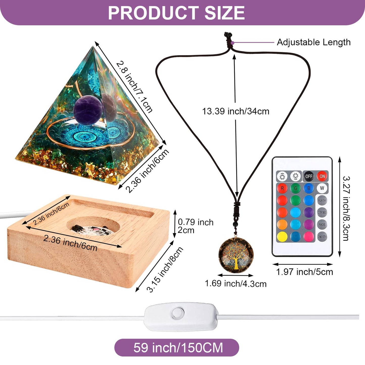 Zurligi Organite Orgone Pyramid, Orgone Pyramid with Wooden Led Display Base with Remote Control Amethyst Chakra New Inspirational Orgonite Crystal Pyramid Kit for Positive Energy