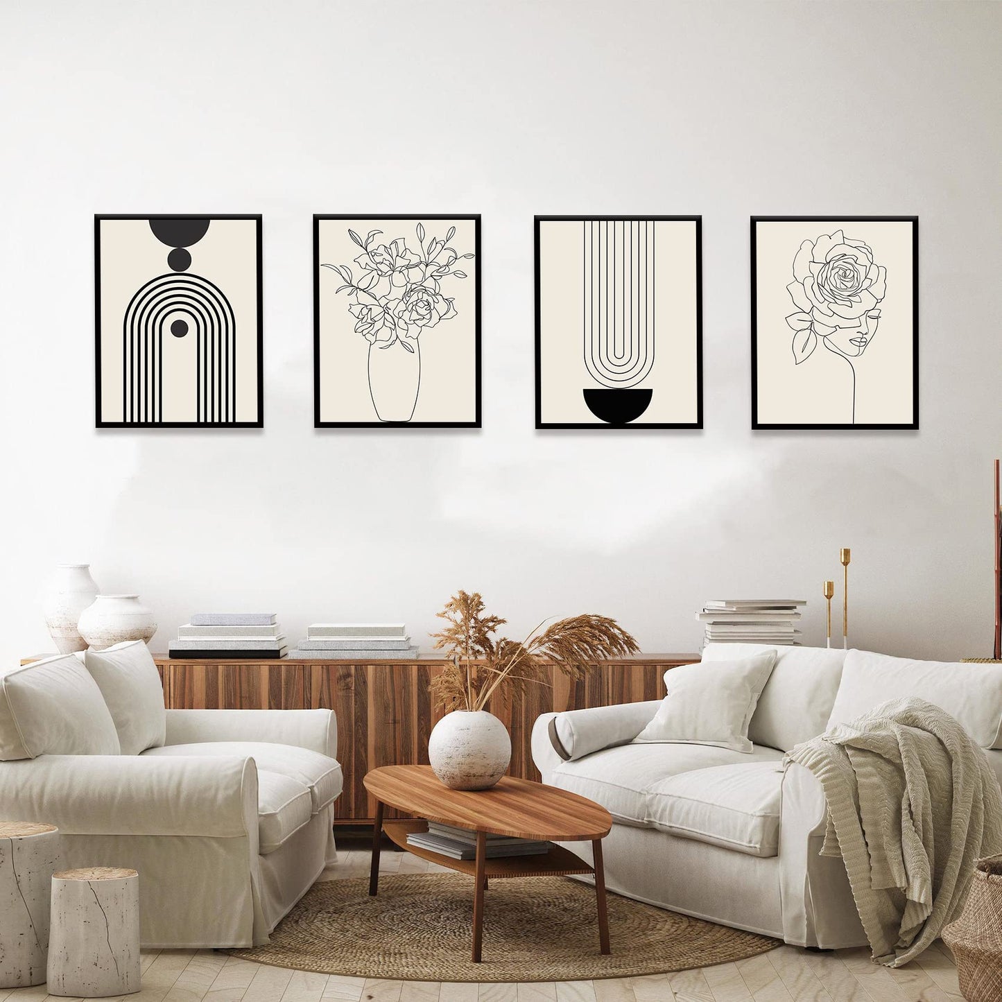 Gufro Minimalist Boho Wall Art Prints Poster,Black Beige Women Body Line Art Flower Boho Art Prints, Office Home Decoration,8''x10''x4 Pcs Unframed