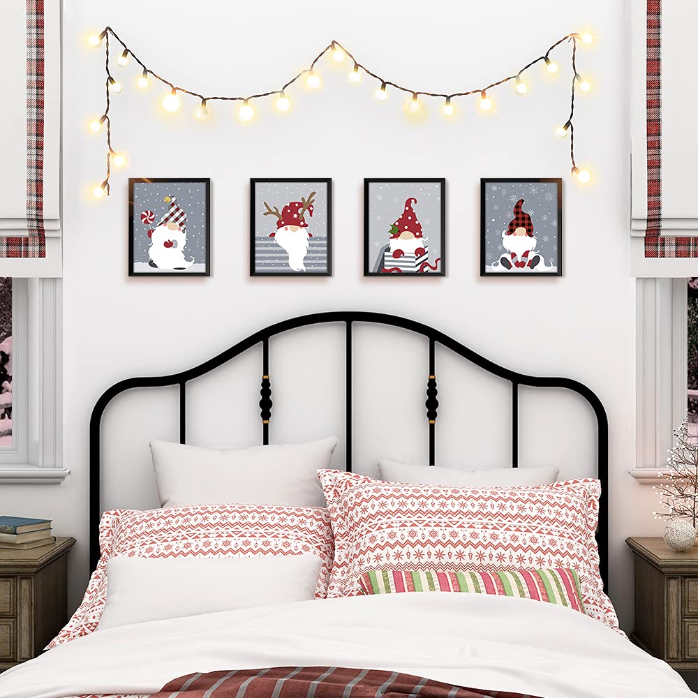 Slody Christmas Gnome Prints Cute Fairy in Red Hat Posters Snowflake Wall Art Decor Unframed Cartoon Pictures for Living Room Bedroom Home Decorative,8x10 inch Set of 4