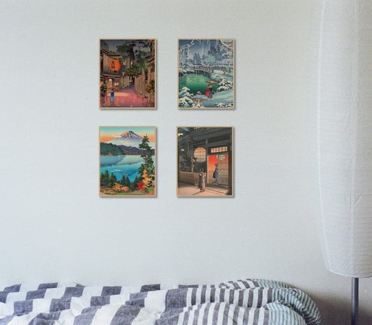 MINI ZOZI Japanese Wall Art Room Decor 8x10 4pcs Traditional Tsuchiya Koitsu Artwork Ukiyoe Paintings Aesthetic Asian Vintage Retro Posters Picture Prints Cool Cute Poster Colorful UNFRAMED Japan