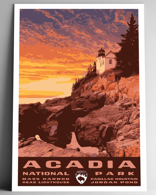 Acadia National Park Vintage-Style Travel Poster - 8x10-12x18-18x24-24x36 / 4x6 Postcard WPA Style Maine Art Print Bass Head Harbor Light Station Lighthouse (4x6 Inch Postcard)