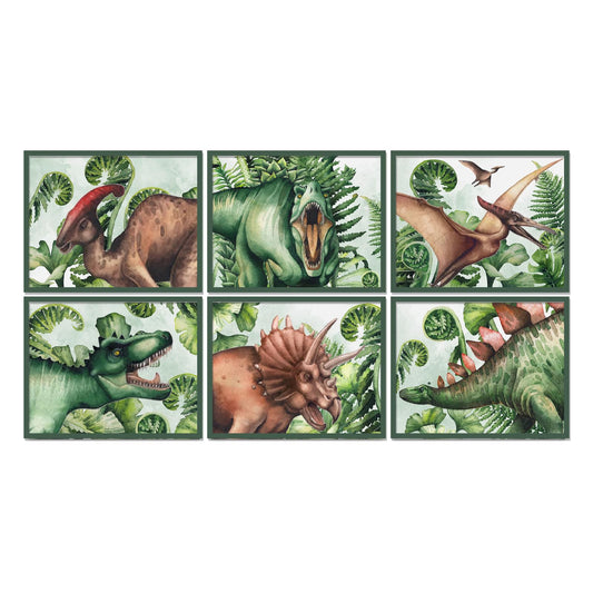 ORIGACH Watercolor Dinosaur Wall Art Poster, Set of 6 Dinosaur Prints for Boys Room, T-rex Pterosaur Triceratops Dinosaur Canvas Painting with Tropical Botanical Painting, Unframed 8x10in