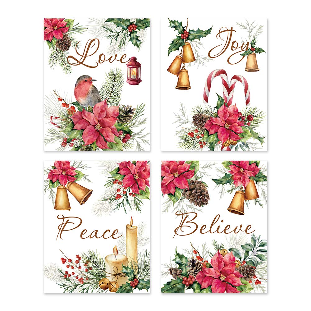 HLNIUC Jingle Bell Christmas Canvas art print,Vintage Xmas lettering Wall Art (4pcs, 8”X10”, Unframed),Red Poinsettia Flowers Poster For Bedroom Holiday Party Decor
