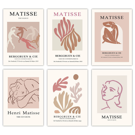Canssape Set of 6 Henri Matisse Wall Art Prints, 8"×10" Abstract Matisse Cutouts Poster for Room Decor Aesthetic, Pink Drawing Pictures Canvas Wall Decor Unframed
