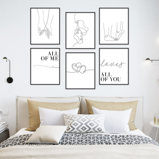 AnyDesign 6Pcs Valentine's Day Couple Line Wall Art Prints 8 x 10in Minimalist Room Decor Kiss Hands Lovers All of Me Loves All of You Poster for Anniversary Couple Gift Home Room Decor (NO FRAME)