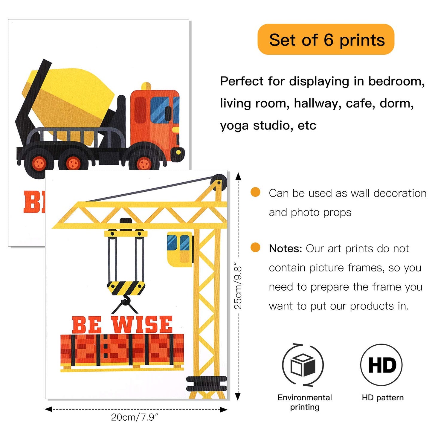 OOTSR 6 PCS Construction Trucks Wall Art Print, Inspirational Quote Canvas Print for Boys Game Room Decor, Playroom, Rec Room Poster, Vehicle Prints,(Unframed, 20 X 25CM)