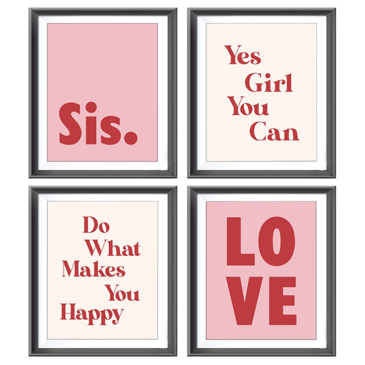 Yes Girl You Can Do What Makes You Happy Poster Prints for Home Girls Room Dorm Bedroom Office Nursery Decor,Motivational Feminist Affirmation Decorations Prints Wall Art Unframed 4pcs 8x10inches