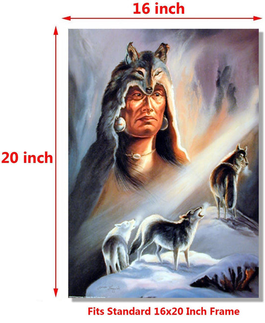Impact Posters Gallery Native American Indian Chief & Wolves Wall Decor Art Print Picture Poster (16x20)
