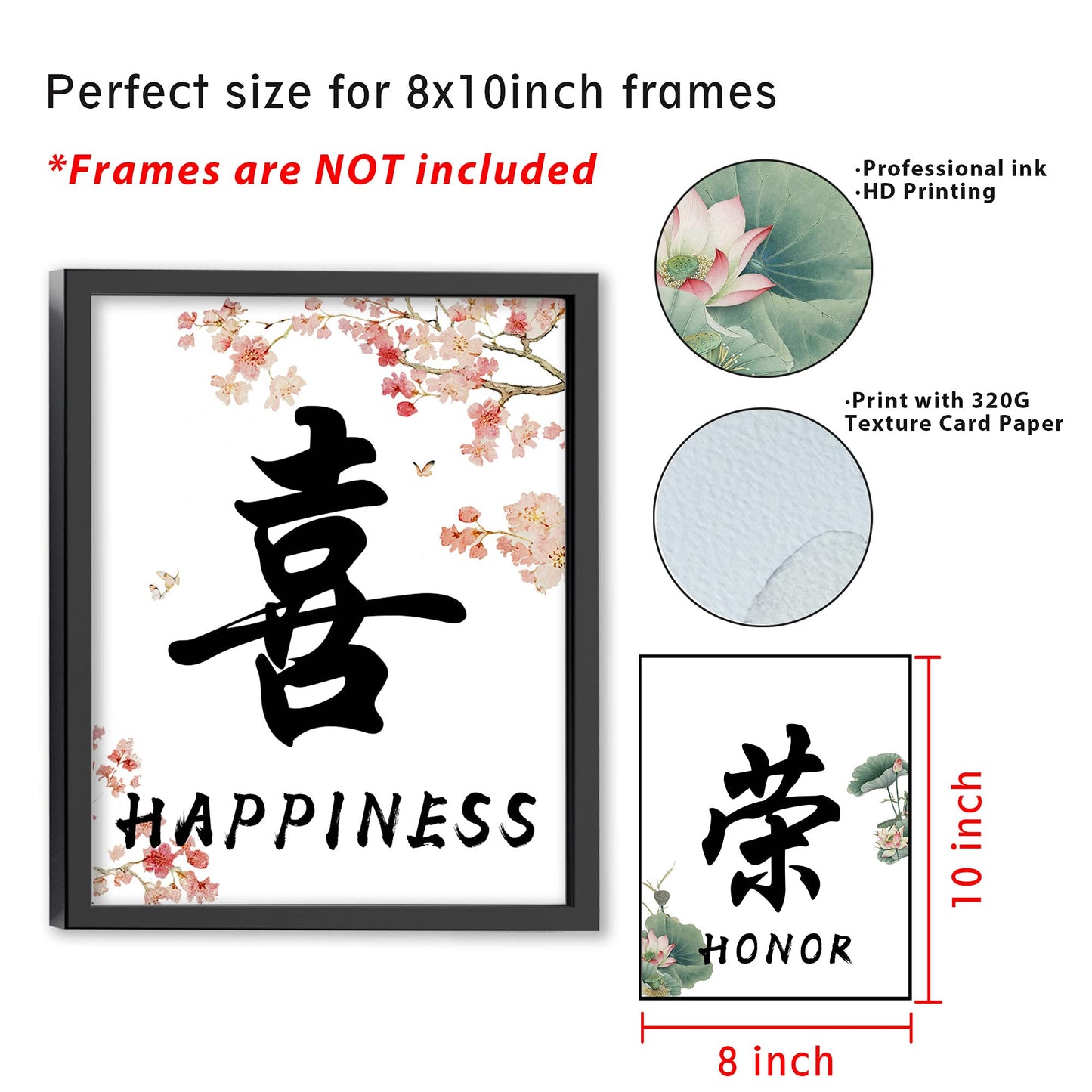 ETIUC Chinese Calligraphy Wall Art Decor Prints 8x10in Set of 6 Unframed Inspirational,Knowledge, Happiness, Honor, Harmony, Strength Chinese Character Poster Prints for Livingroom Bedroom Office