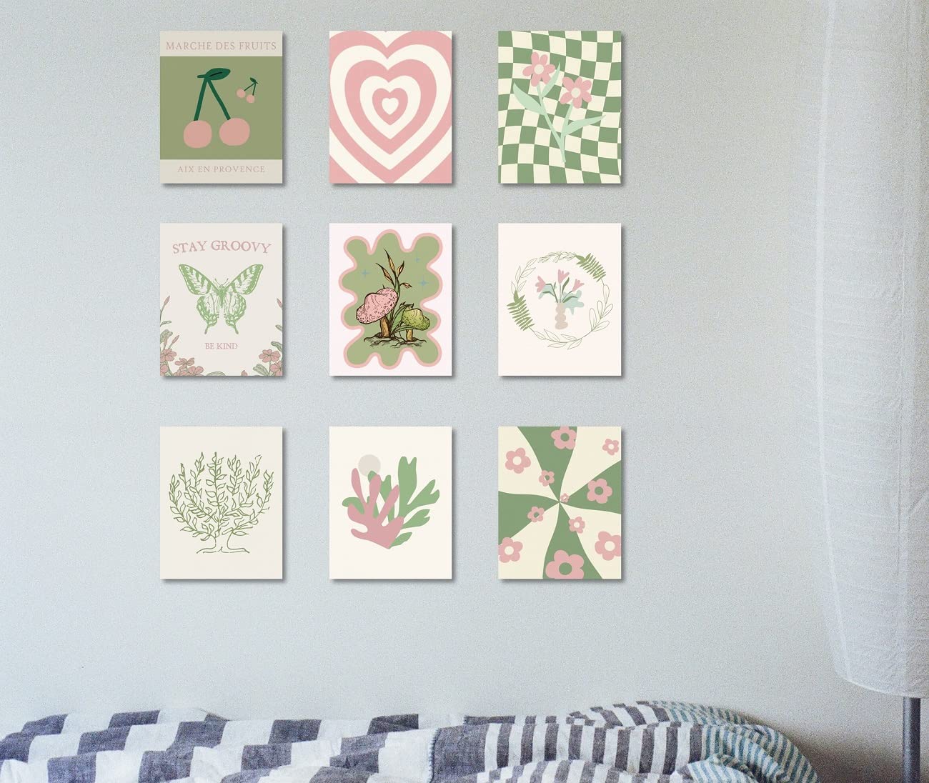 MINI ZOZI Danish Pastel Posters 8x10 9pcs Aesthetic Room Decor Green And Pink Wall Art Prints Collage Cute Coquette Trendy Preppy Coconut Girl Y2k Kawaii Indie Retro Pictures Butterfly Heart Cherry
