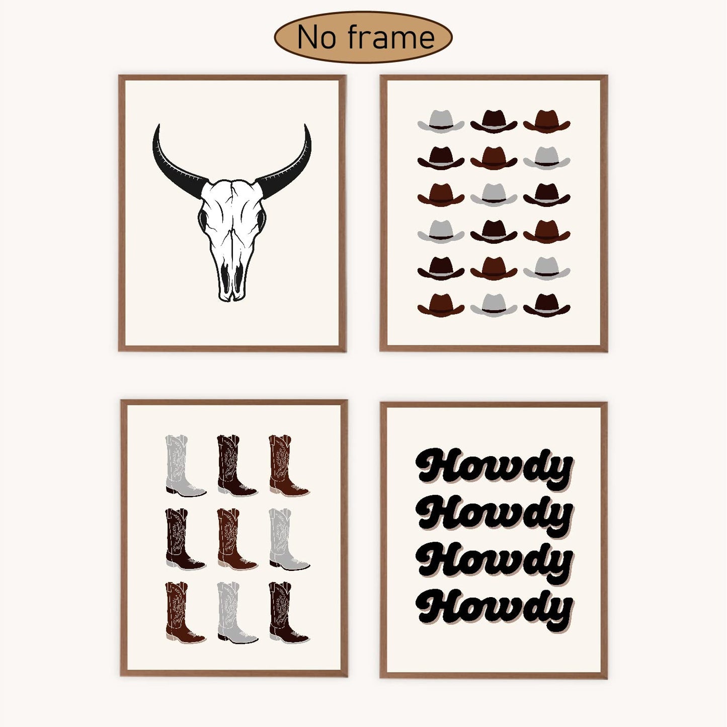 VNWEK Retro Beige Brown Preppy Howdy Western Bull Skull Cowboy Hat Boots Wall Art Poster Prints Unframed 8”x10”Set Of 4,Western Preppy Decorations for Home Preppy Room Dorm,Teen Girls Gifts (8x10inch)