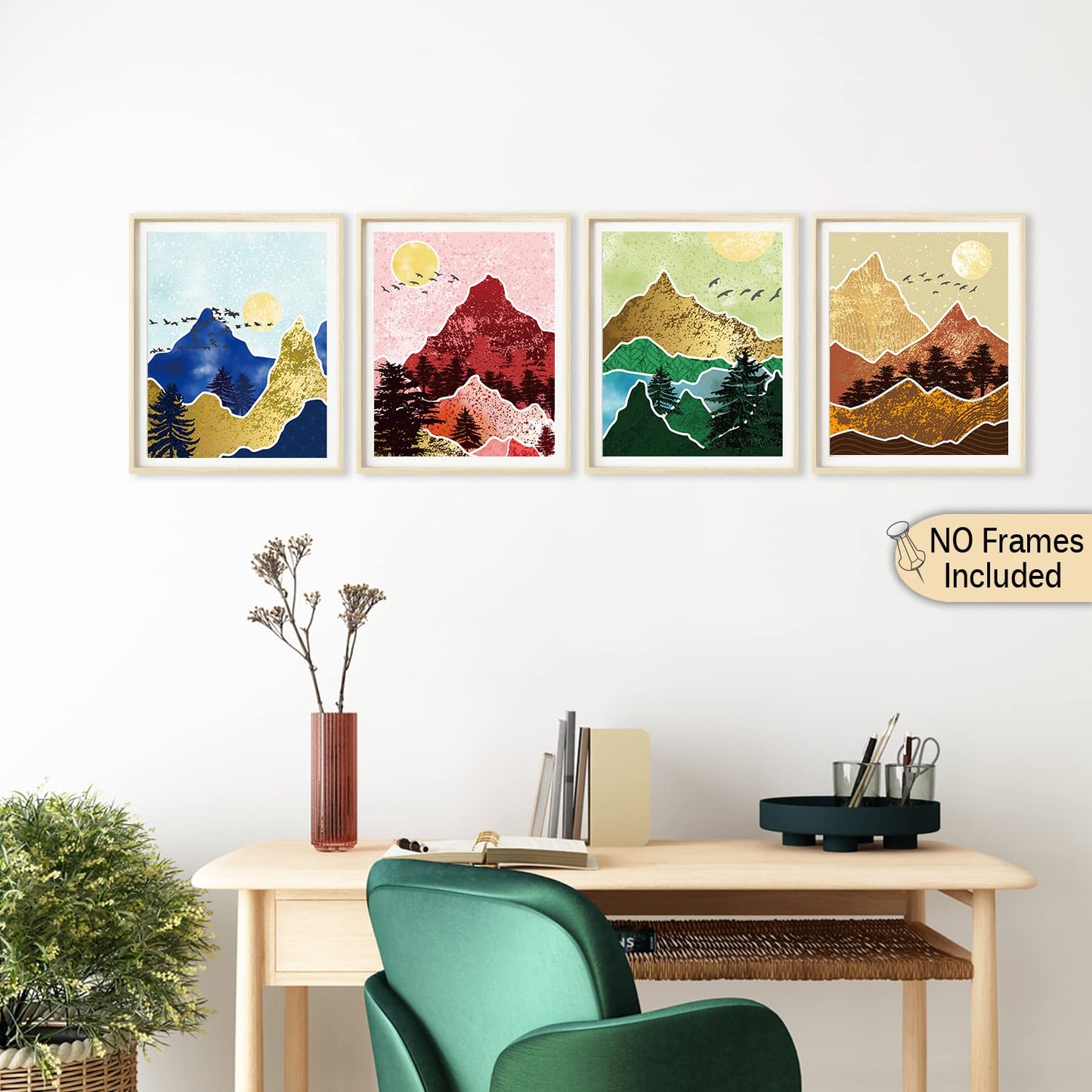 Mountain Wall Decor Print, Posters for Room Aesthetic Mid Century Modern Nature Wall Art for Living Room, Nature Wall Art(8x10 in set of 4 Unframed) Abstract Prints of Mountain Wall Art