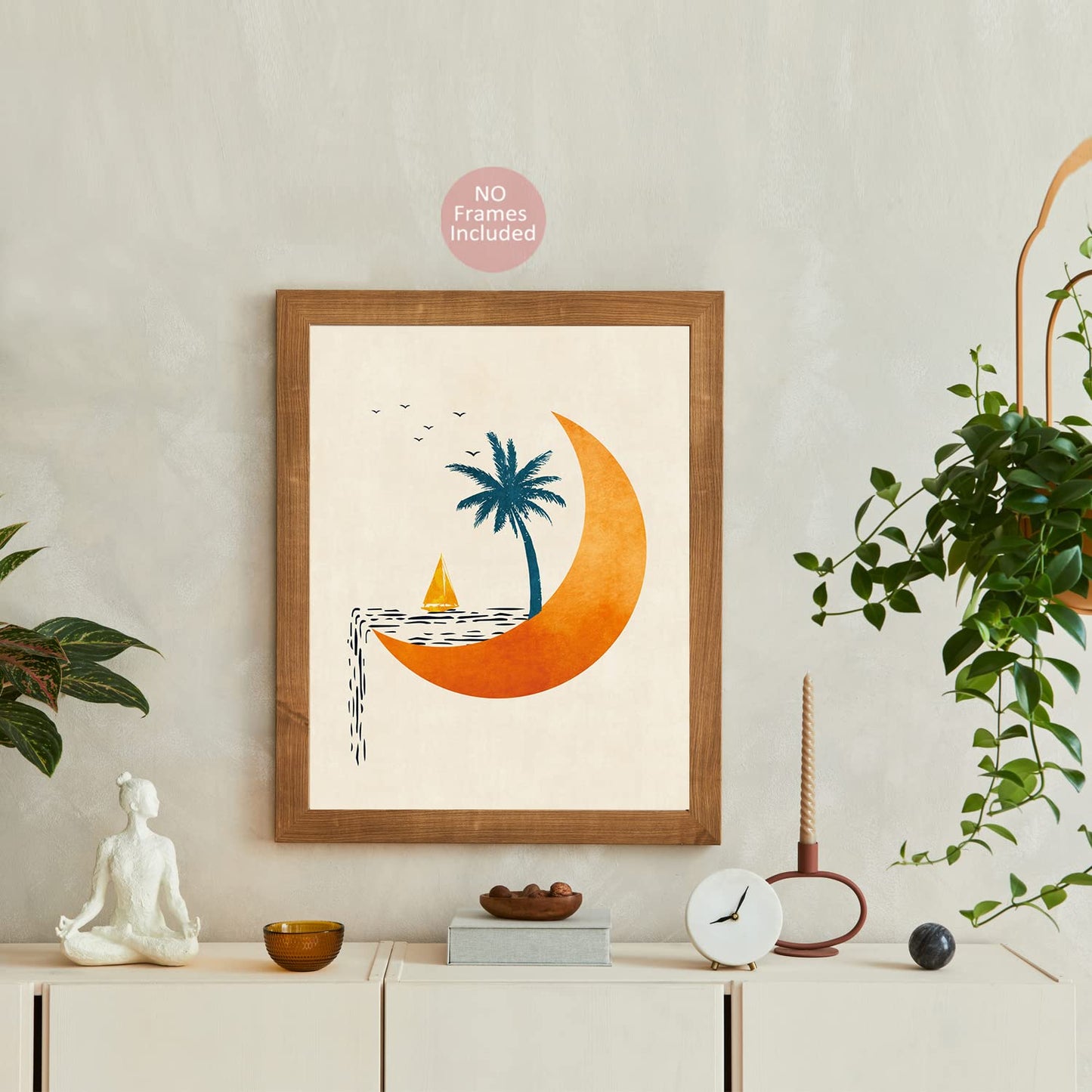 Abstract Sun And Moon Print, Coconut Tree Sun, Minimal Wall Art Poster, Boho Wall Decor, Modern Mid Century Geometric Decor Boho Sun, Sunset Art, (Set Of 4 Prints 8x10 Inch No Frame)