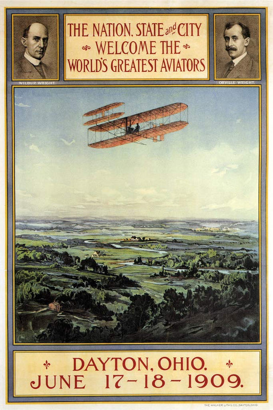 Wright Brothers Worlds Greatest Aviators Dayton Ohio 1909 Vintage Travel Sign Biplane Orville Wilbur Aviation Cool Wall Decor Art Print Poster 12x18