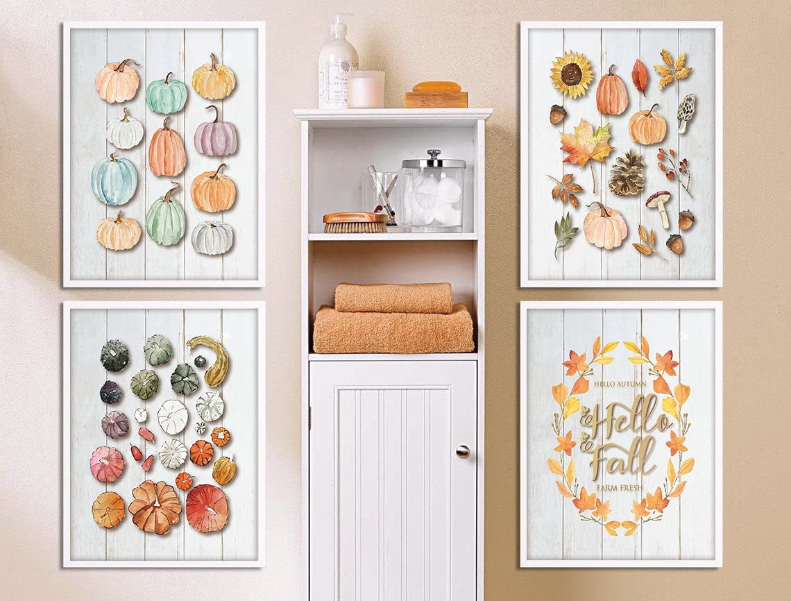 Gubrandin Watercolor Fall Wall Art Colorful Pumpkins Print Farmhouse Halloween Decorations Living Room Thanksgiving Harvest Gift Rustic Country Poster For farm (8x10 inch，Set of 4，Unframed)