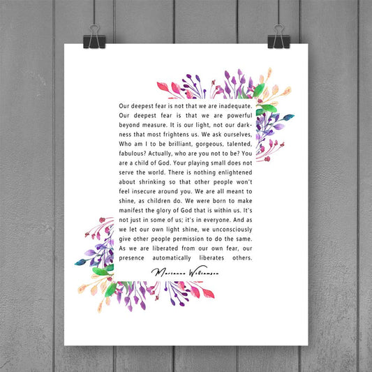 ZLKAPT Marianne Williamson Deepest Fear Quote Wall Art Print - Perfect for Office and Home Decor Inspirational and Motivational Quote Wall Art Poster 8x10 InchesNo Frame